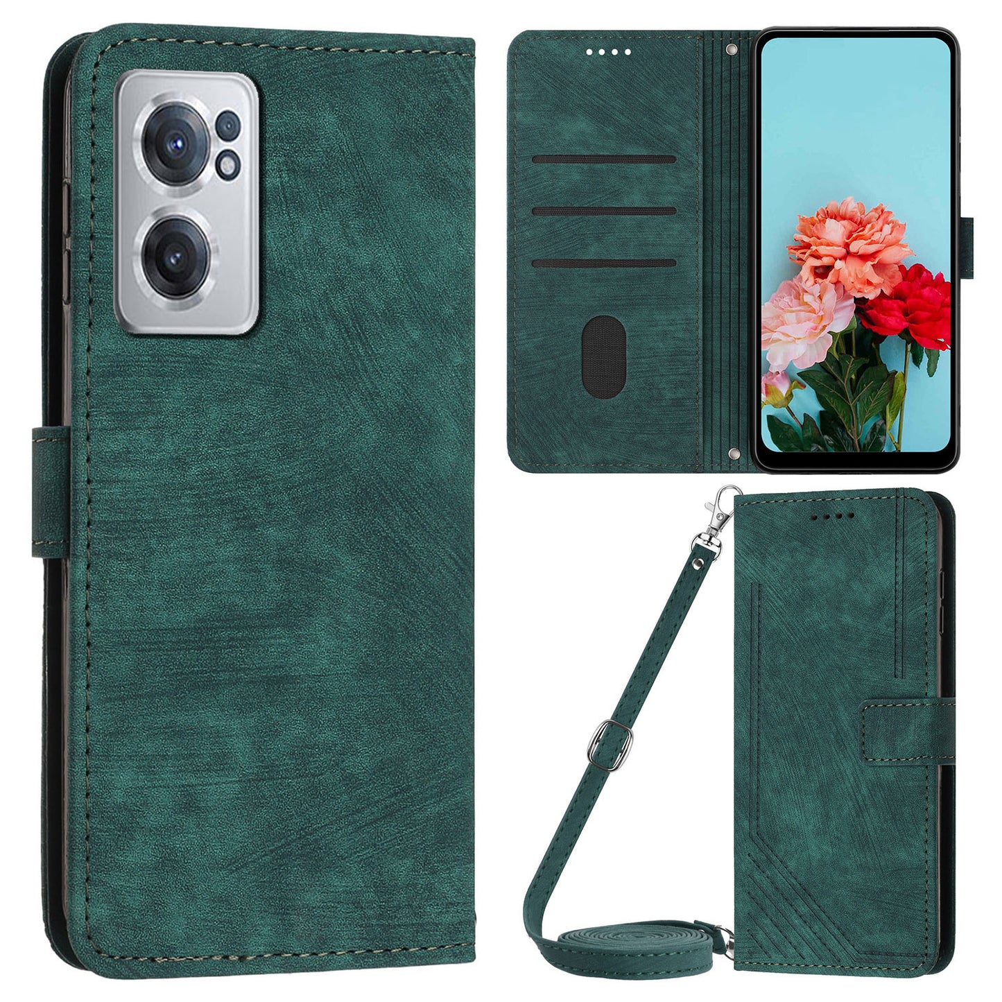 For OnePlus Nord CE 2 5G Imprinted Lines Stand Cell Phone Cover PU Leather Wallet Skin-touch Phone Case with Straps