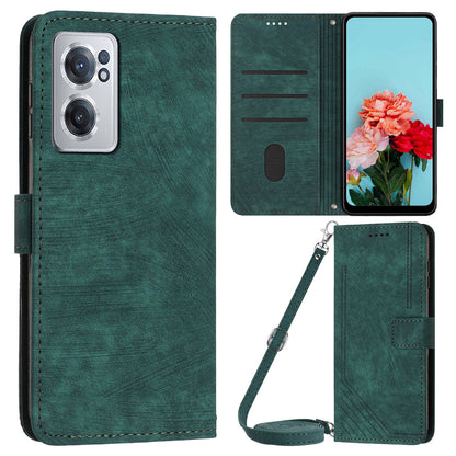 For OnePlus Nord CE 2 5G Imprinted Lines Stand Cell Phone Cover PU Leather Wallet Skin-touch Phone Case with Straps