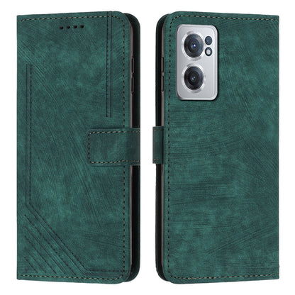 For OnePlus Nord CE 2 5G Imprinted Lines Stand Cell Phone Cover PU Leather Wallet Skin-touch Phone Case with Straps