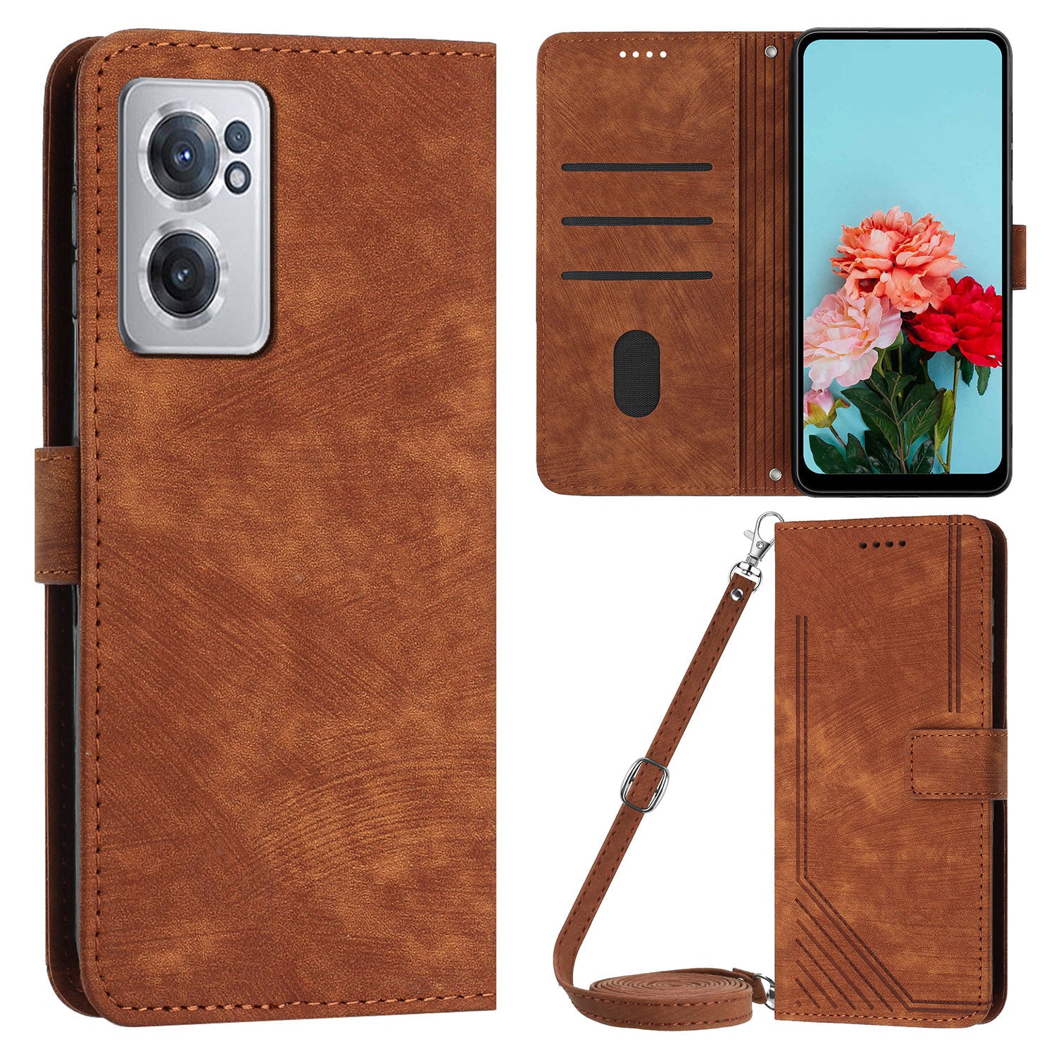 For OnePlus Nord CE 2 5G Imprinted Lines Stand Cell Phone Cover PU Leather Wallet Skin-touch Phone Case with Straps