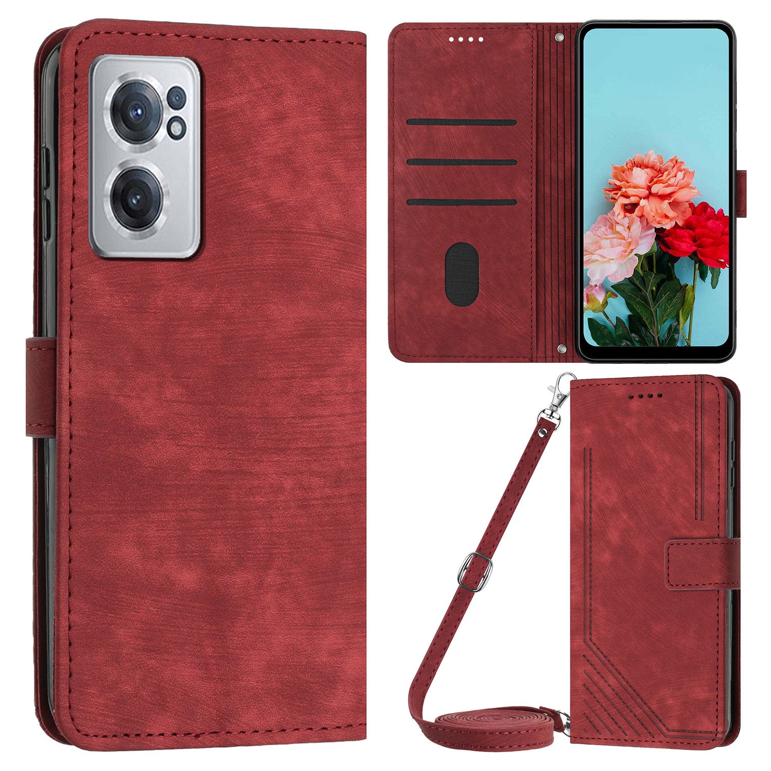 For OnePlus Nord CE 2 5G Imprinted Lines Stand Cell Phone Cover PU Leather Wallet Skin-touch Phone Case with Straps