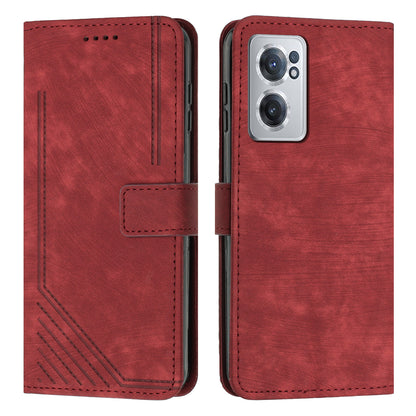 For OnePlus Nord CE 2 5G Imprinted Lines Stand Cell Phone Cover PU Leather Wallet Skin-touch Phone Case with Straps