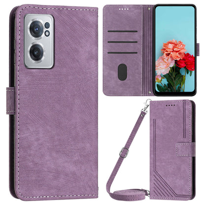 For OnePlus Nord CE 2 5G Imprinted Lines Stand Cell Phone Cover PU Leather Wallet Skin-touch Phone Case with Straps
