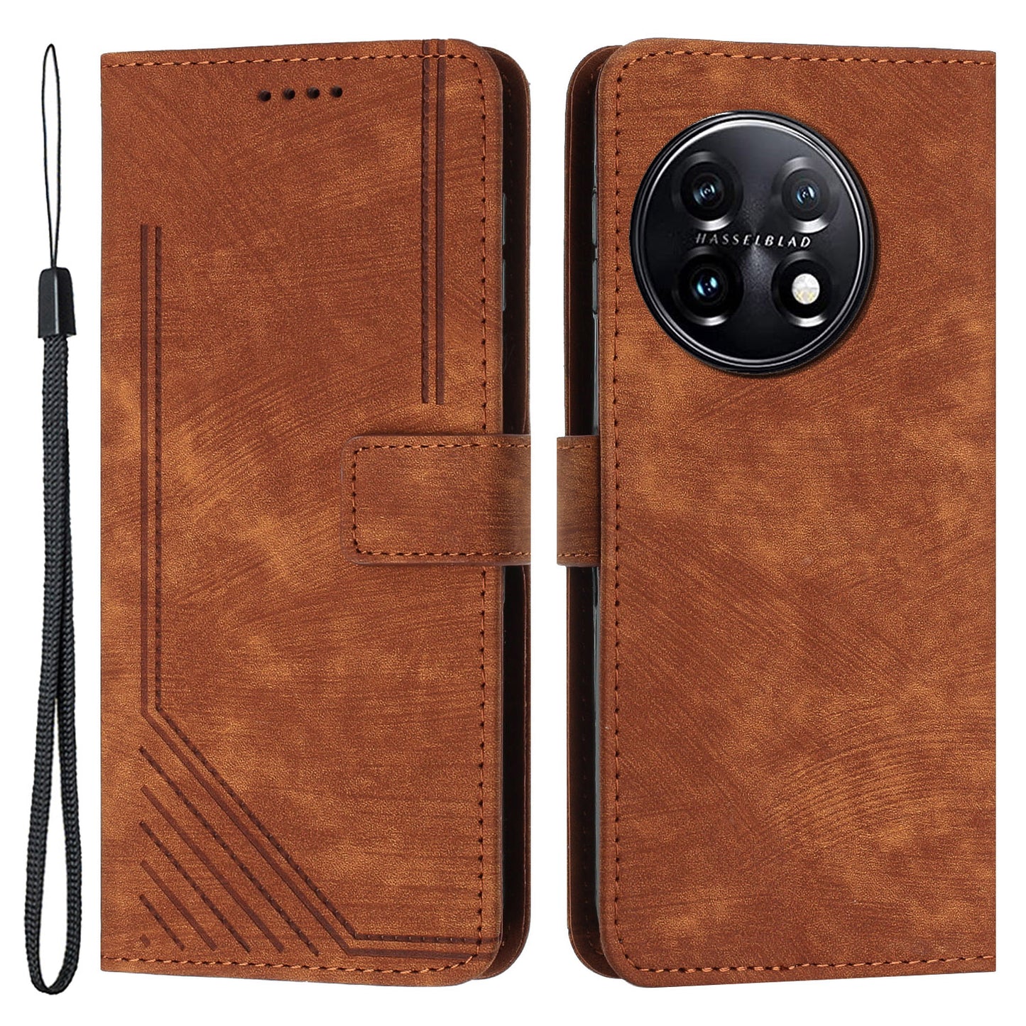 For OnePlus 11 5G Shockproof Phone Case Stand Imprinted Lines PU Leather Wallet Skin-touch Phone Cover