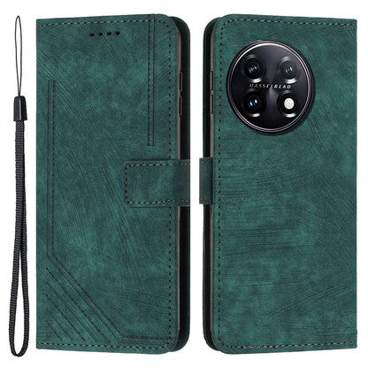 For OnePlus 11 5G Shockproof Phone Case Stand Imprinted Lines PU Leather Wallet Skin-touch Phone Cover
