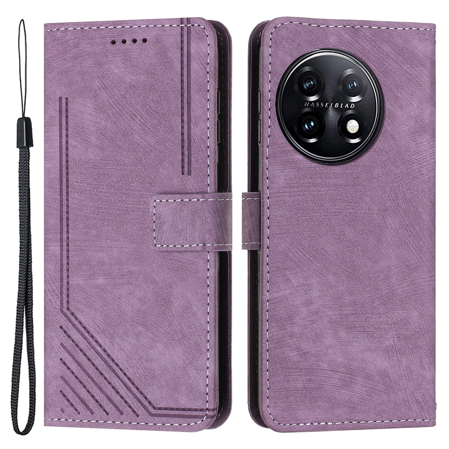 For OnePlus 11 5G Shockproof Phone Case Stand Imprinted Lines PU Leather Wallet Skin-touch Phone Cover