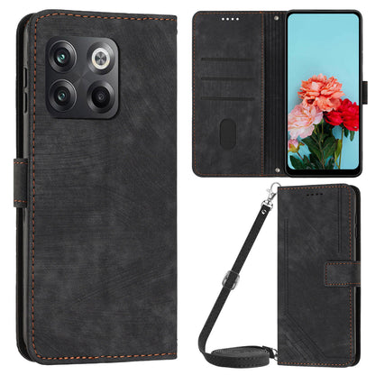 For OnePlus Ace Pro 5G / 10T 5G Wallet Phone Stand Case Lines Imprinted PU Leather Cover with Straps