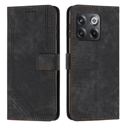 For OnePlus Ace Pro 5G / 10T 5G Wallet Phone Stand Case Lines Imprinted PU Leather Cover with Straps