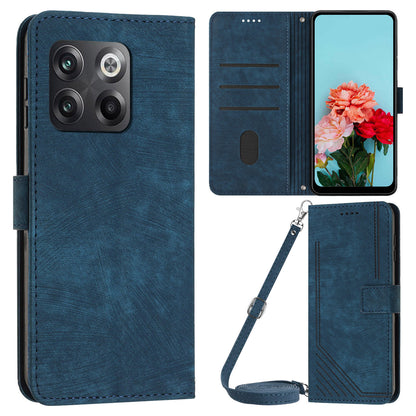 For OnePlus Ace Pro 5G / 10T 5G Wallet Phone Stand Case Lines Imprinted PU Leather Cover with Straps