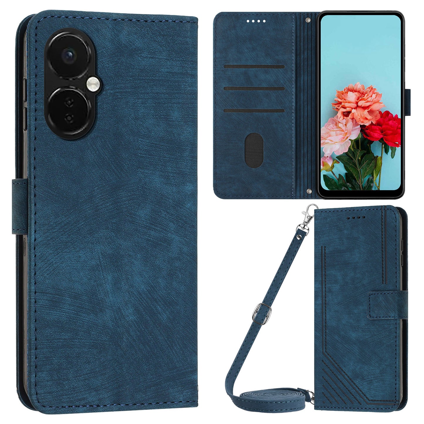 For OnePlus Nord CE 3 5G PU Leather Wallet Phone Stand Case Lines Imprinted Cover with Straps