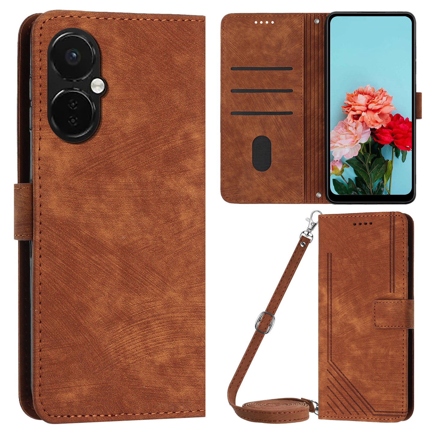 For OnePlus Nord CE 3 5G PU Leather Wallet Phone Stand Case Lines Imprinted Cover with Straps