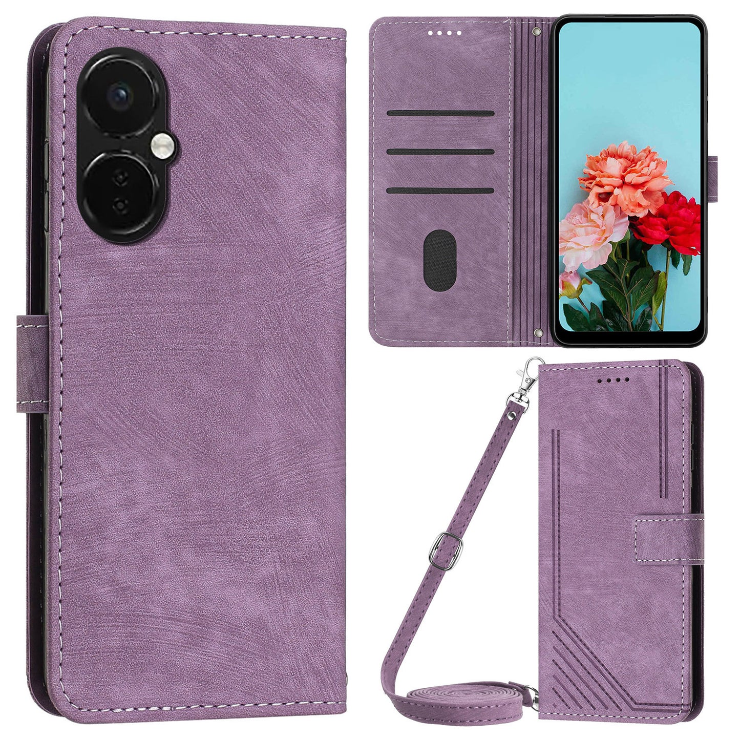 For OnePlus Nord CE 3 5G PU Leather Wallet Phone Stand Case Lines Imprinted Cover with Straps