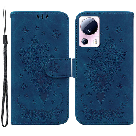 For Xiaomi 13 Lite / Civi 2 5G PU Leather Wallet Phone Case Imprinted Rose Butterfly Stand Cover