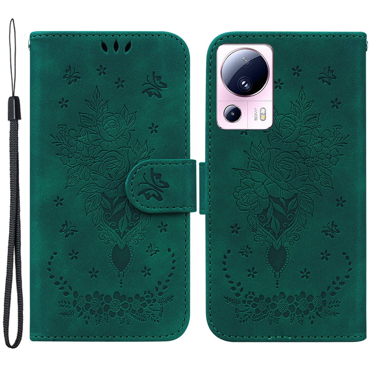 For Xiaomi 13 Lite / Civi 2 5G PU Leather Wallet Phone Case Imprinted Rose Butterfly Stand Cover