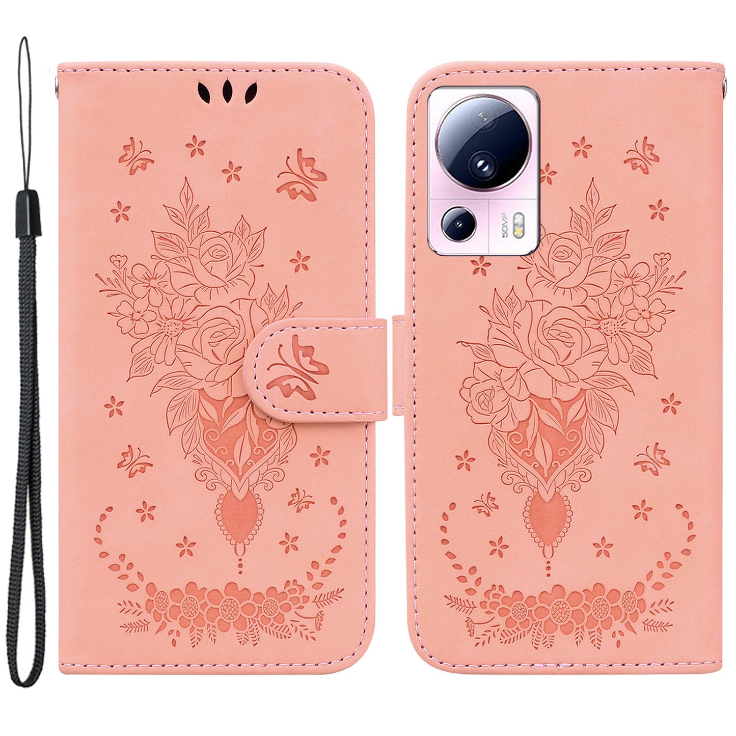 For Xiaomi 13 Lite / Civi 2 5G PU Leather Wallet Phone Case Imprinted Rose Butterfly Stand Cover