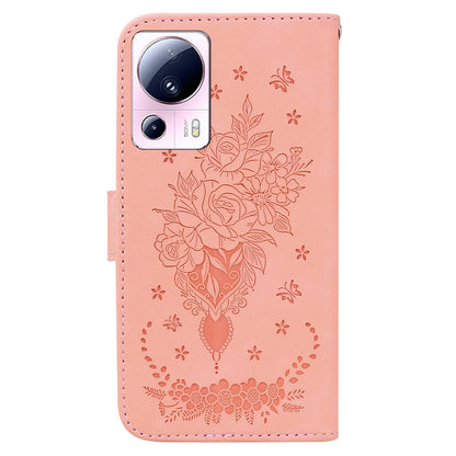 For Xiaomi 13 Lite / Civi 2 5G PU Leather Wallet Phone Case Imprinted Rose Butterfly Stand Cover