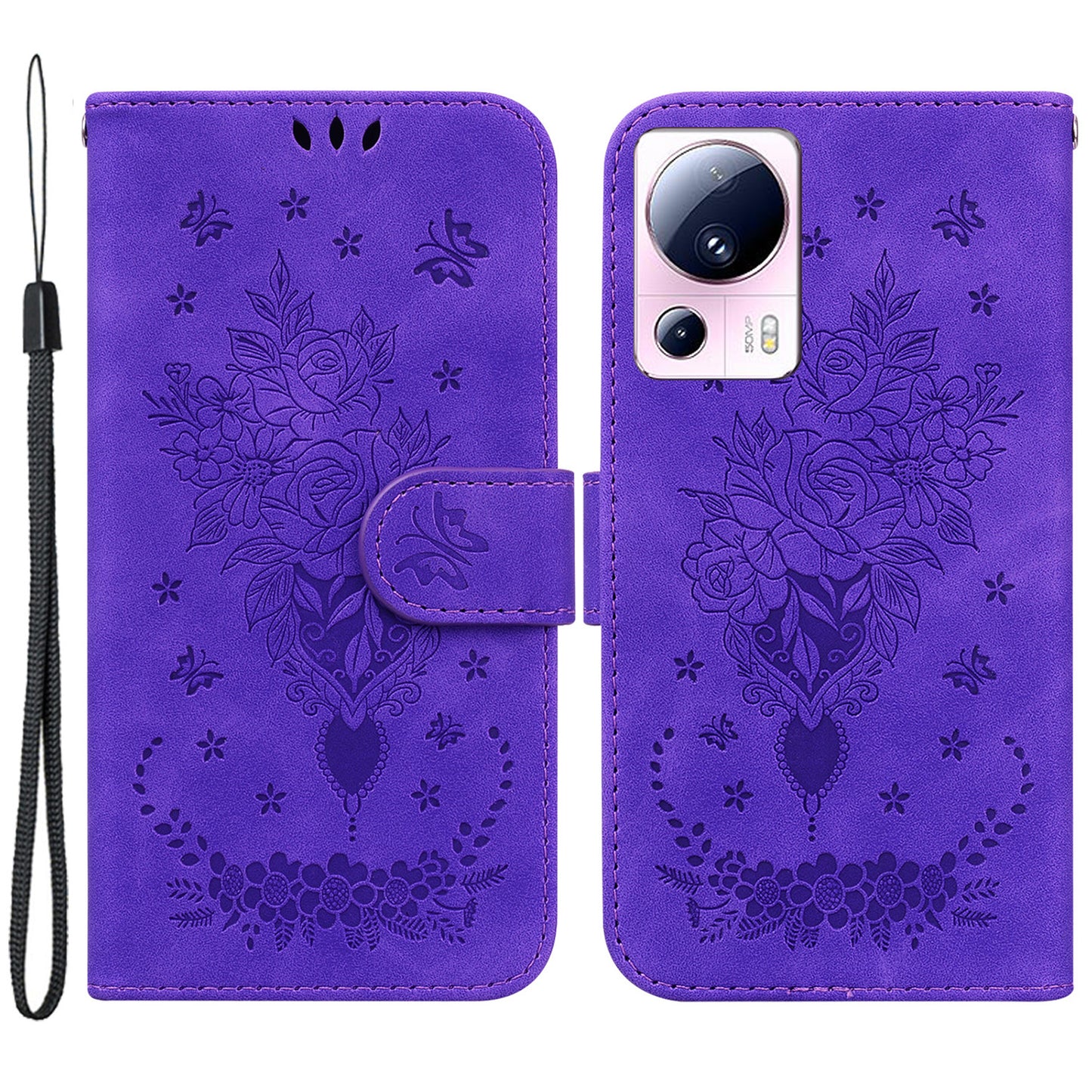 For Xiaomi 13 Lite / Civi 2 5G PU Leather Wallet Phone Case Imprinted Rose Butterfly Stand Cover