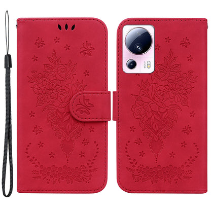 For Xiaomi 13 Lite / Civi 2 5G PU Leather Wallet Phone Case Imprinted Rose Butterfly Stand Cover