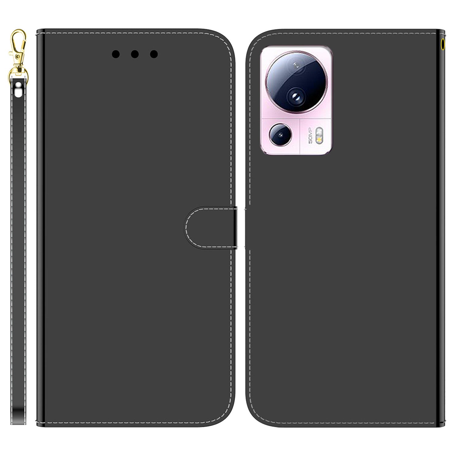 For Xiaomi 13 Lite / Civi 2 5G Mirror-Like Surface Leather Wallet Stand Cover Anti-drop Phone Case with Strap