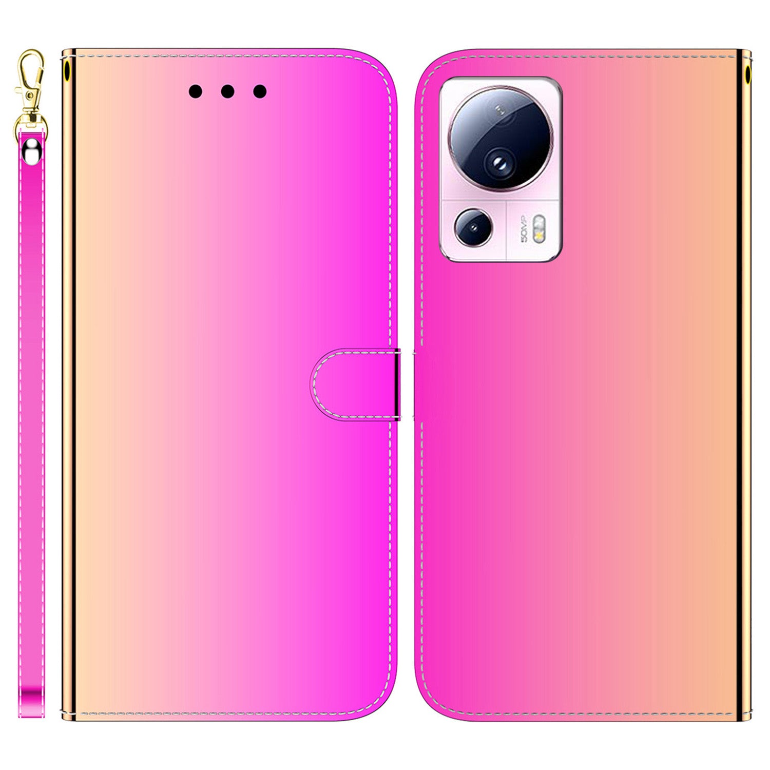 For Xiaomi 13 Lite / Civi 2 5G Mirror-Like Surface Leather Wallet Stand Cover Anti-drop Phone Case with Strap