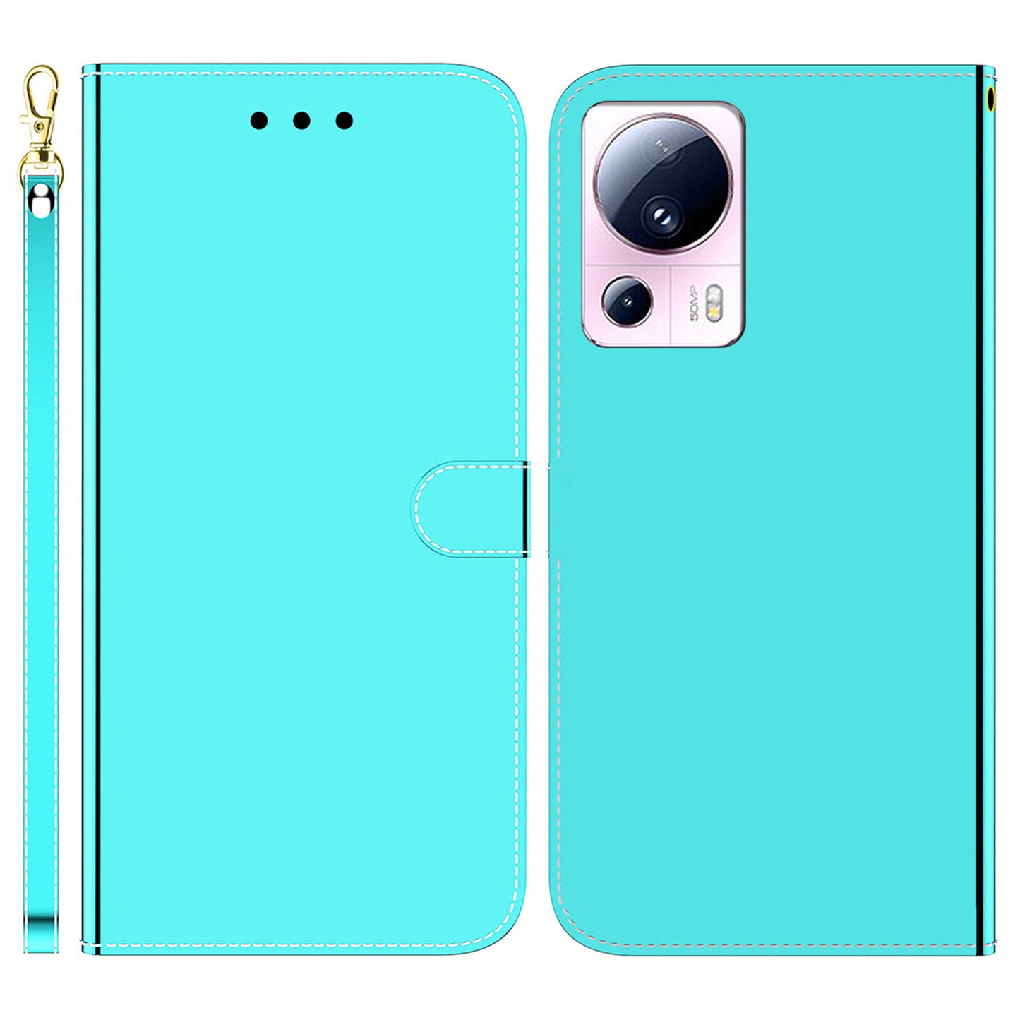 For Xiaomi 13 Lite / Civi 2 5G Mirror-Like Surface Leather Wallet Stand Cover Anti-drop Phone Case with Strap