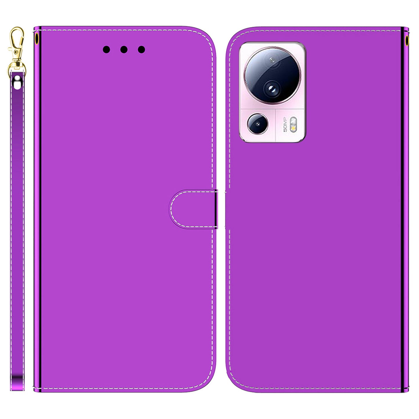 For Xiaomi 13 Lite / Civi 2 5G Mirror-Like Surface Leather Wallet Stand Cover Anti-drop Phone Case with Strap