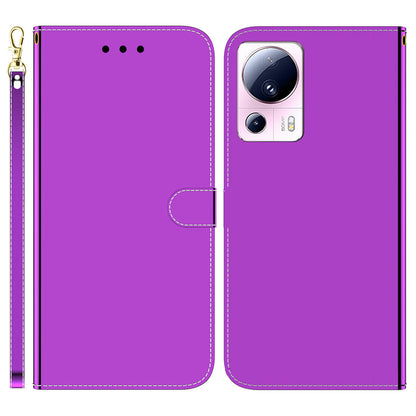 For Xiaomi 13 Lite / Civi 2 5G Mirror-Like Surface Leather Wallet Stand Cover Anti-drop Phone Case with Strap