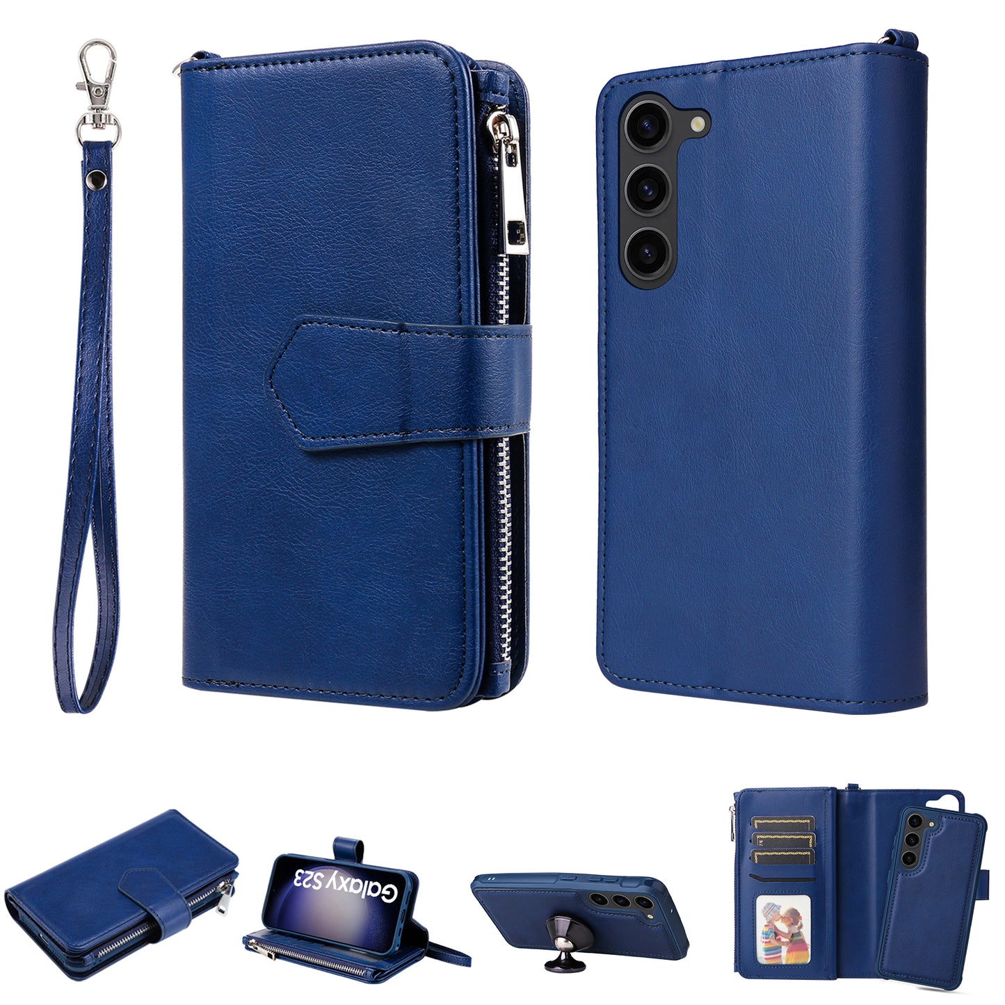 KT Multi-functional Series-4 Leather Phone Case for Samsung Galaxy S23 , Detachable Zipper Pocket Wallet Stand Cover