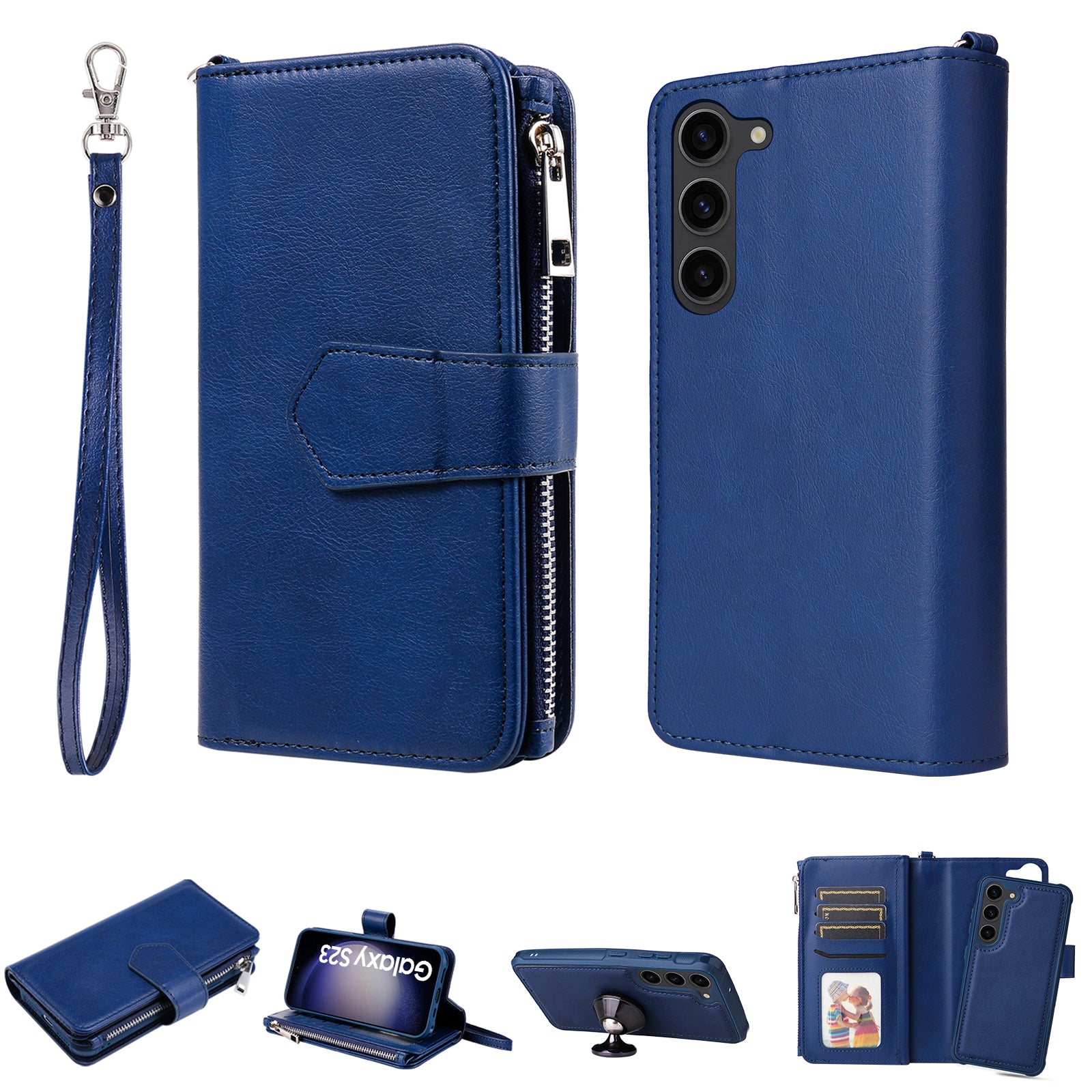 KT Multi-functional Series-4 Leather Phone Case for Samsung Galaxy S23 , Detachable Zipper Pocket Wallet Stand Cover