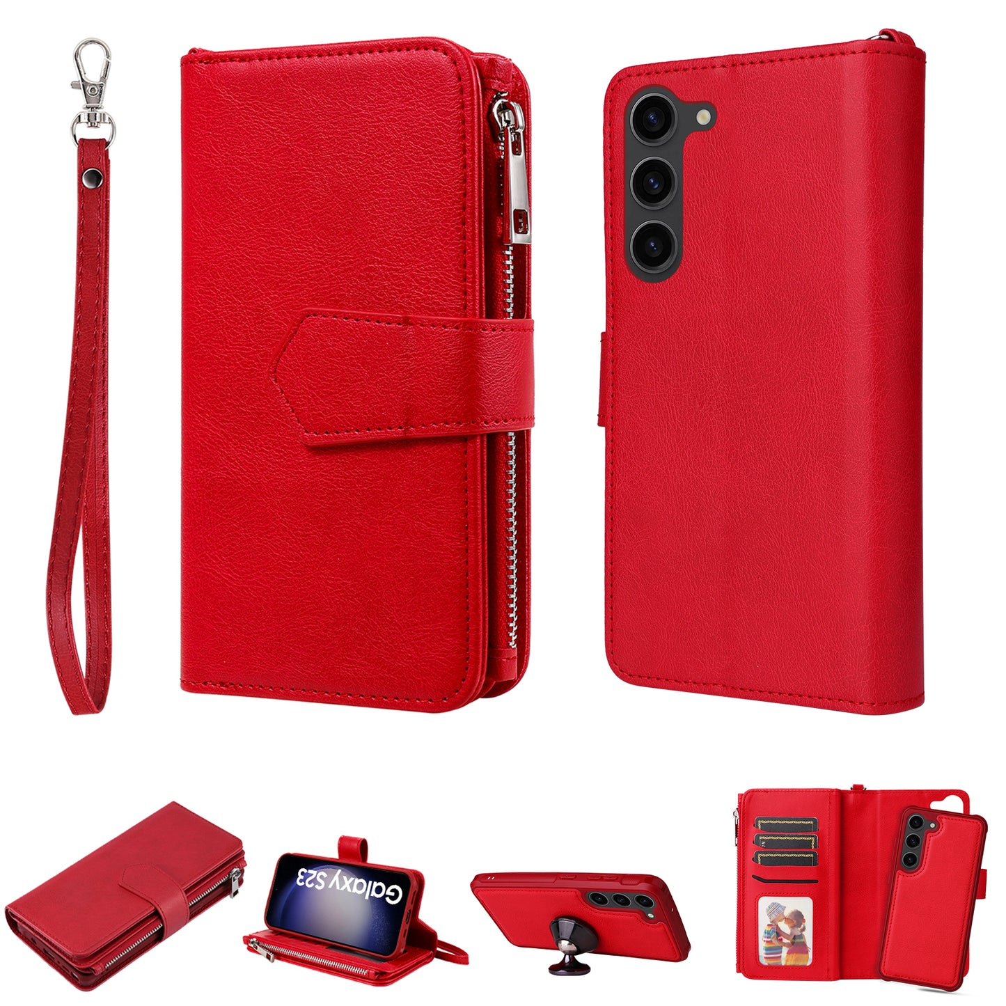 KT Multi-functional Series-4 Leather Phone Case for Samsung Galaxy S23 , Detachable Zipper Pocket Wallet Stand Cover