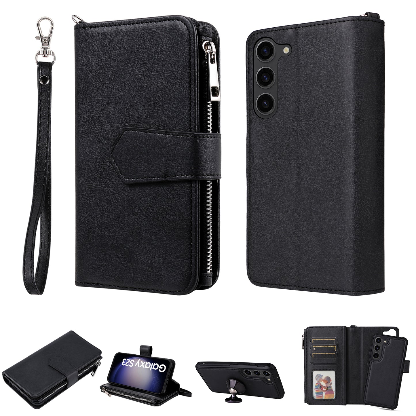 KT Multi-functional Series-4 Leather Phone Case for Samsung Galaxy S23 , Detachable Zipper Pocket Wallet Stand Cover
