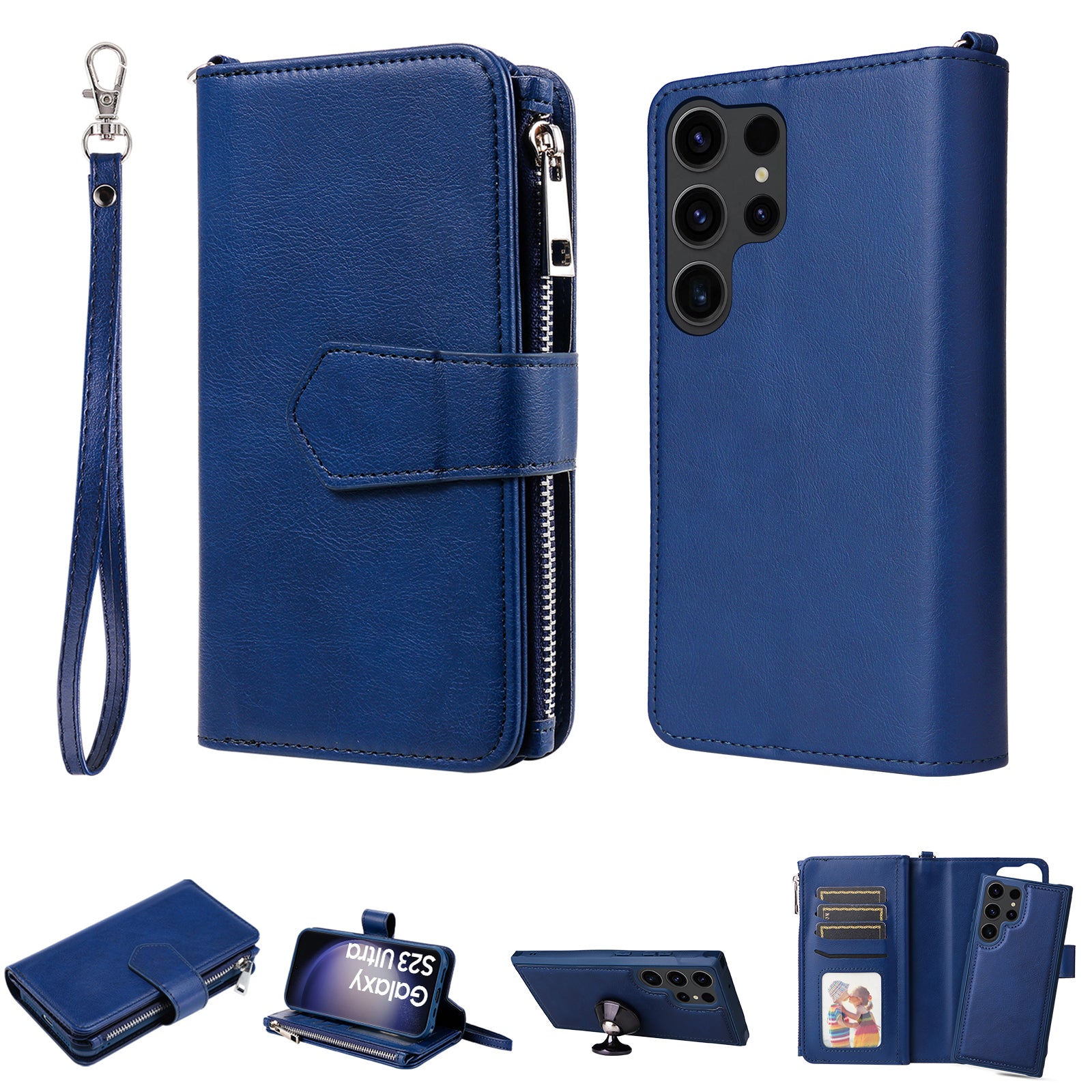 KT Multi-functional Series-4 Zipper Wallet Phone Case for Samsung Galaxy S23 Ultra , PU Leather Stand Detachable Flip Cover