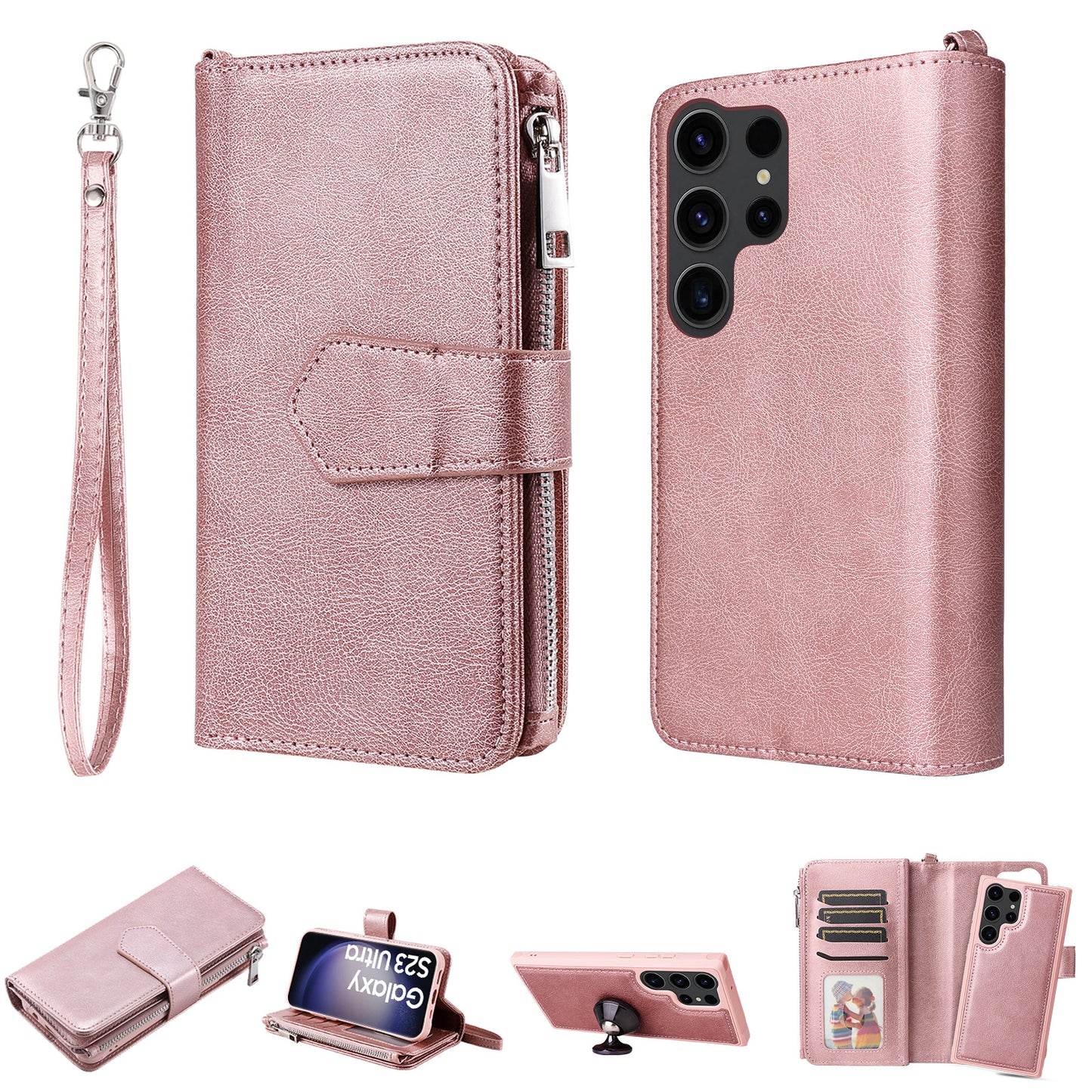 KT Multi-functional Series-4 Zipper Wallet Phone Case for Samsung Galaxy S23 Ultra , PU Leather Stand Detachable Flip Cover