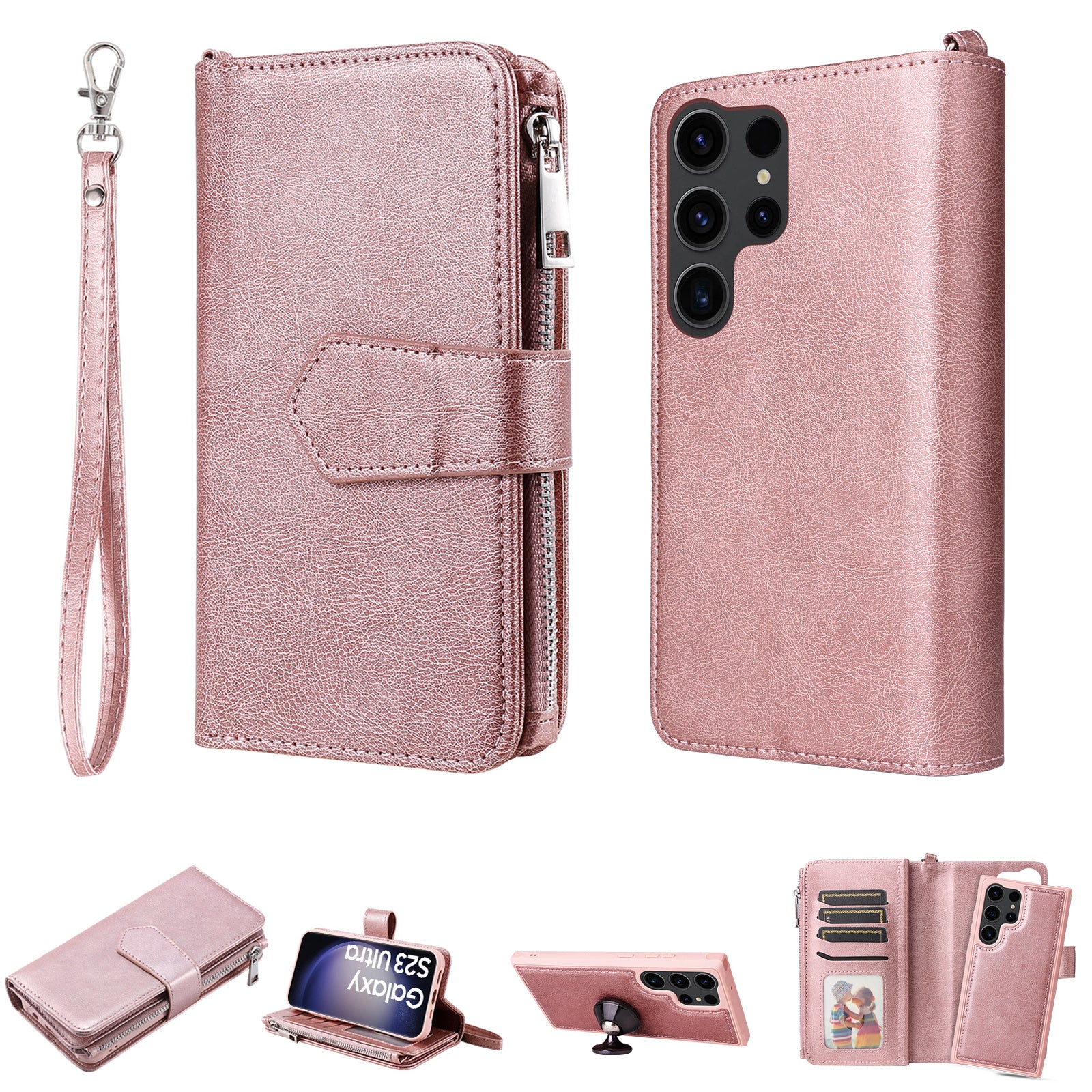 KT Multi-functional Series-4 Zipper Wallet Phone Case for Samsung Galaxy S23 Ultra , PU Leather Stand Detachable Flip Cover