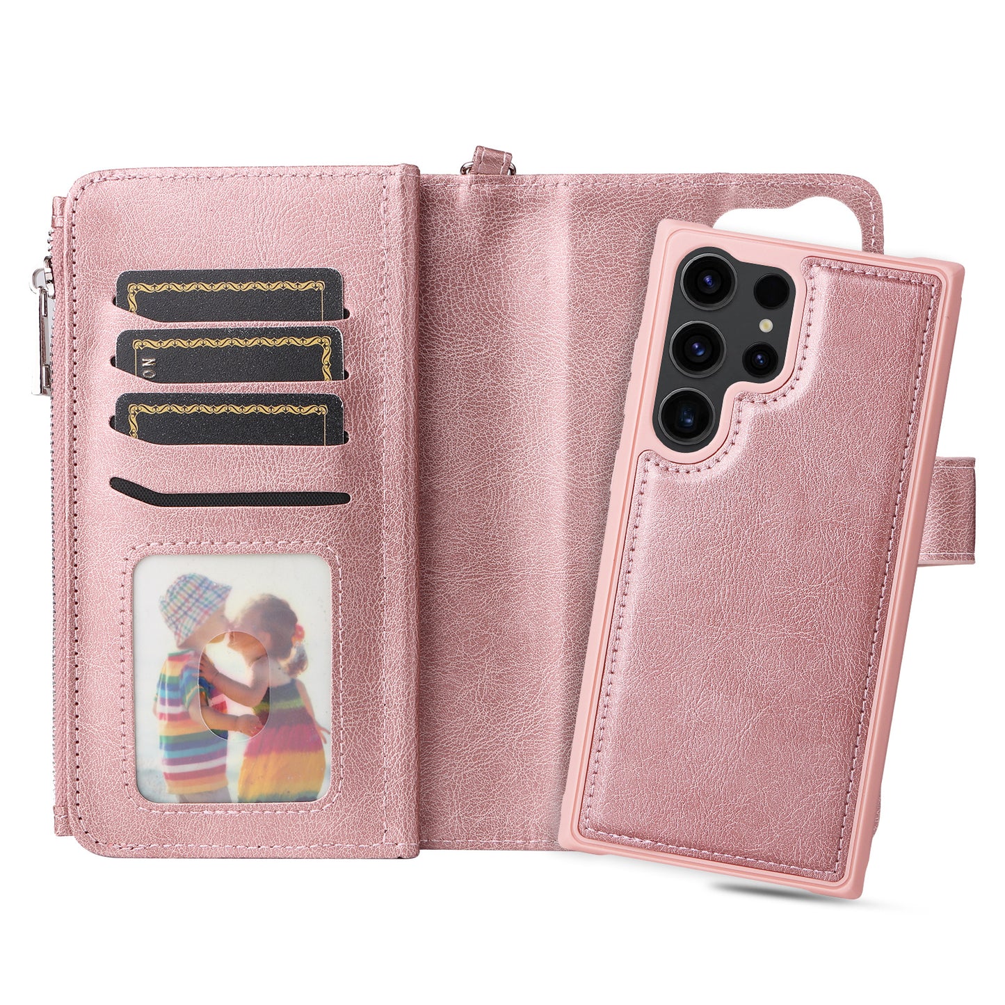 KT Multi-functional Series-4 Zipper Wallet Phone Case for Samsung Galaxy S23 Ultra , PU Leather Stand Detachable Flip Cover