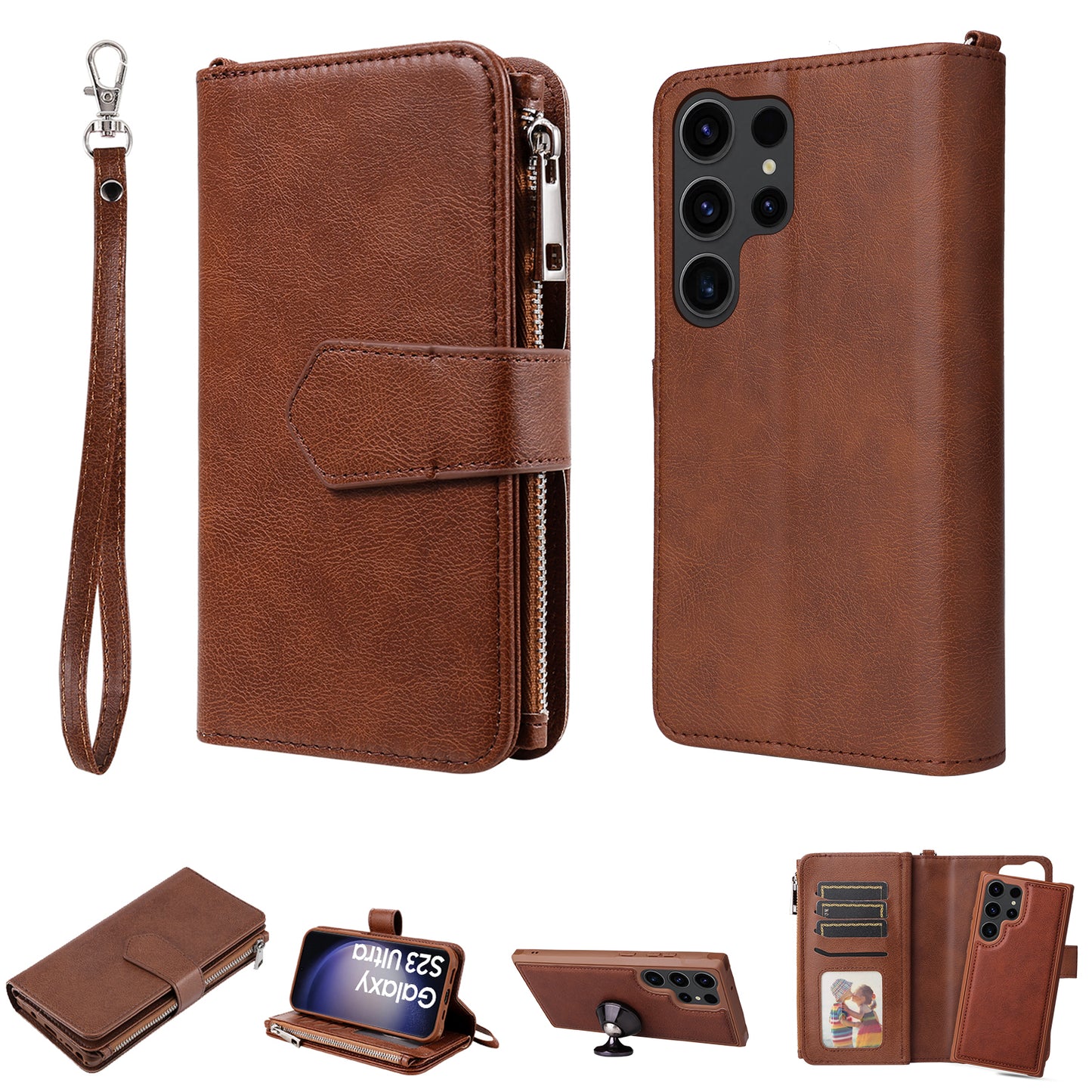 KT Multi-functional Series-4 Zipper Wallet Phone Case for Samsung Galaxy S23 Ultra , PU Leather Stand Detachable Flip Cover