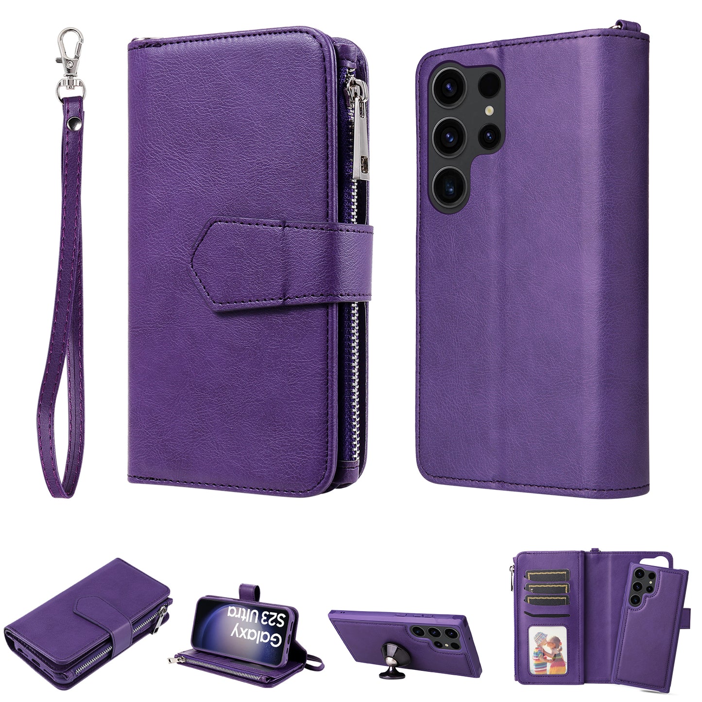 KT Multi-functional Series-4 Zipper Wallet Phone Case for Samsung Galaxy S23 Ultra , PU Leather Stand Detachable Flip Cover