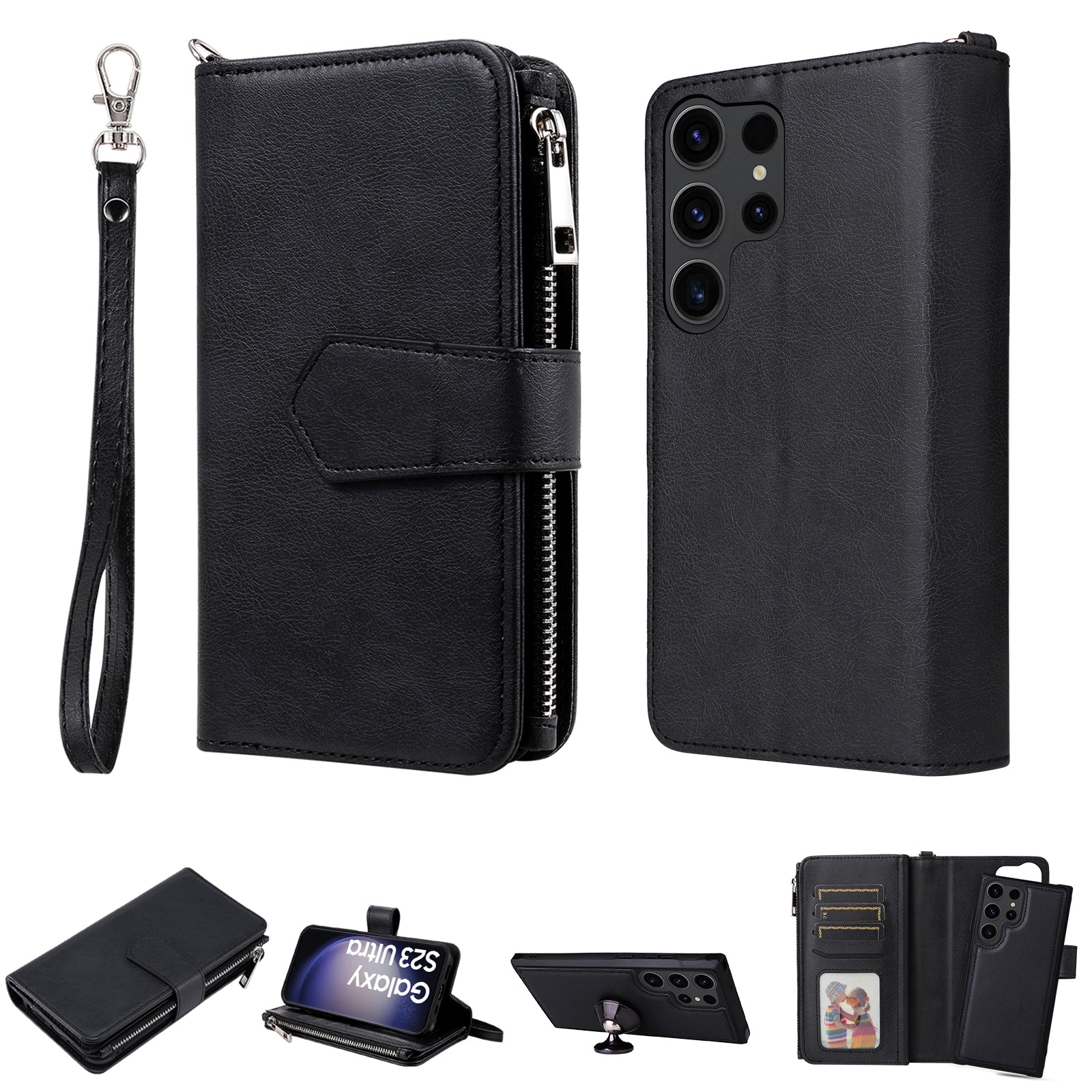 KT Multi-functional Series-4 Zipper Wallet Phone Case for Samsung Galaxy S23 Ultra , PU Leather Stand Detachable Flip Cover