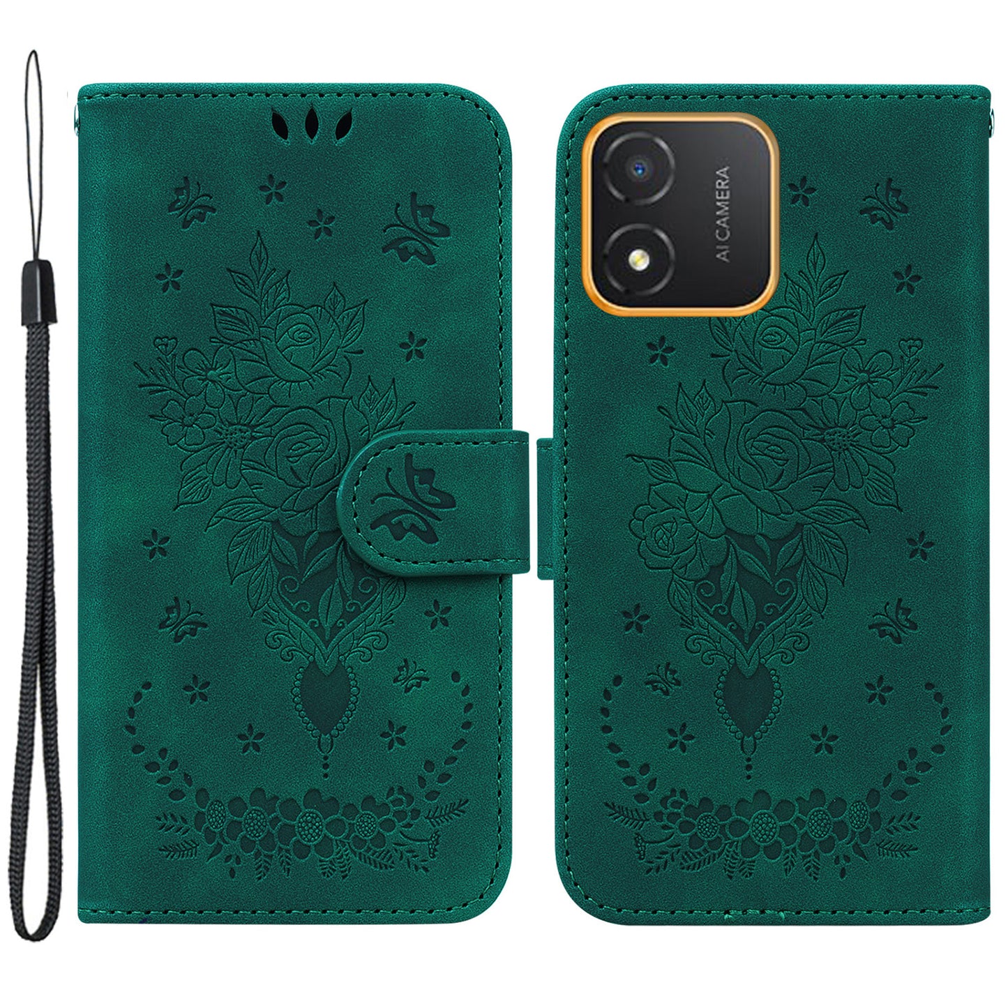 For Honor X5 4G TPU+PU Leather Phone Shell Rose Butterfly Imprinted Stand Wallet Phone Stand Case