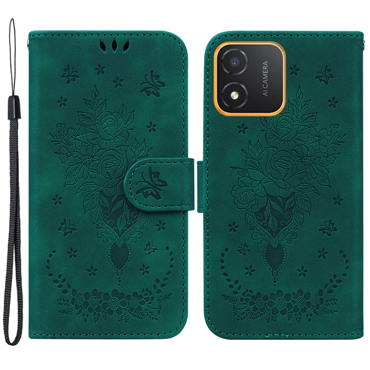 For Honor X5 4G TPU+PU Leather Phone Shell Rose Butterfly Imprinted Stand Wallet Phone Stand Case