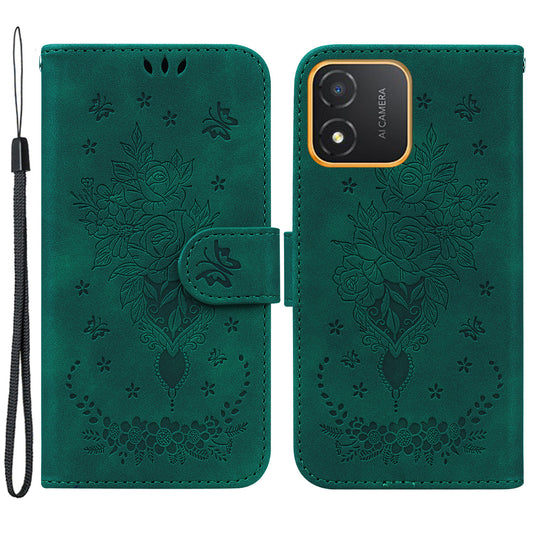 For Honor X5 4G TPU+PU Leather Phone Shell Rose Butterfly Imprinted Stand Wallet Phone Stand Case