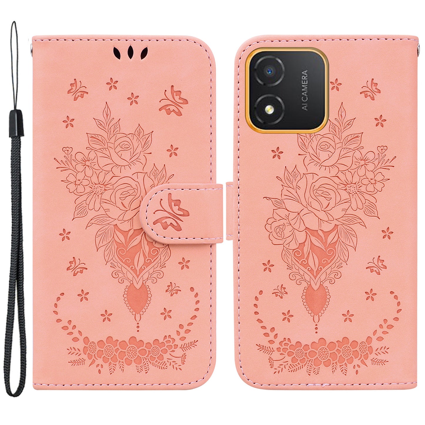 For Honor X5 4G TPU+PU Leather Phone Shell Rose Butterfly Imprinted Stand Wallet Phone Stand Case