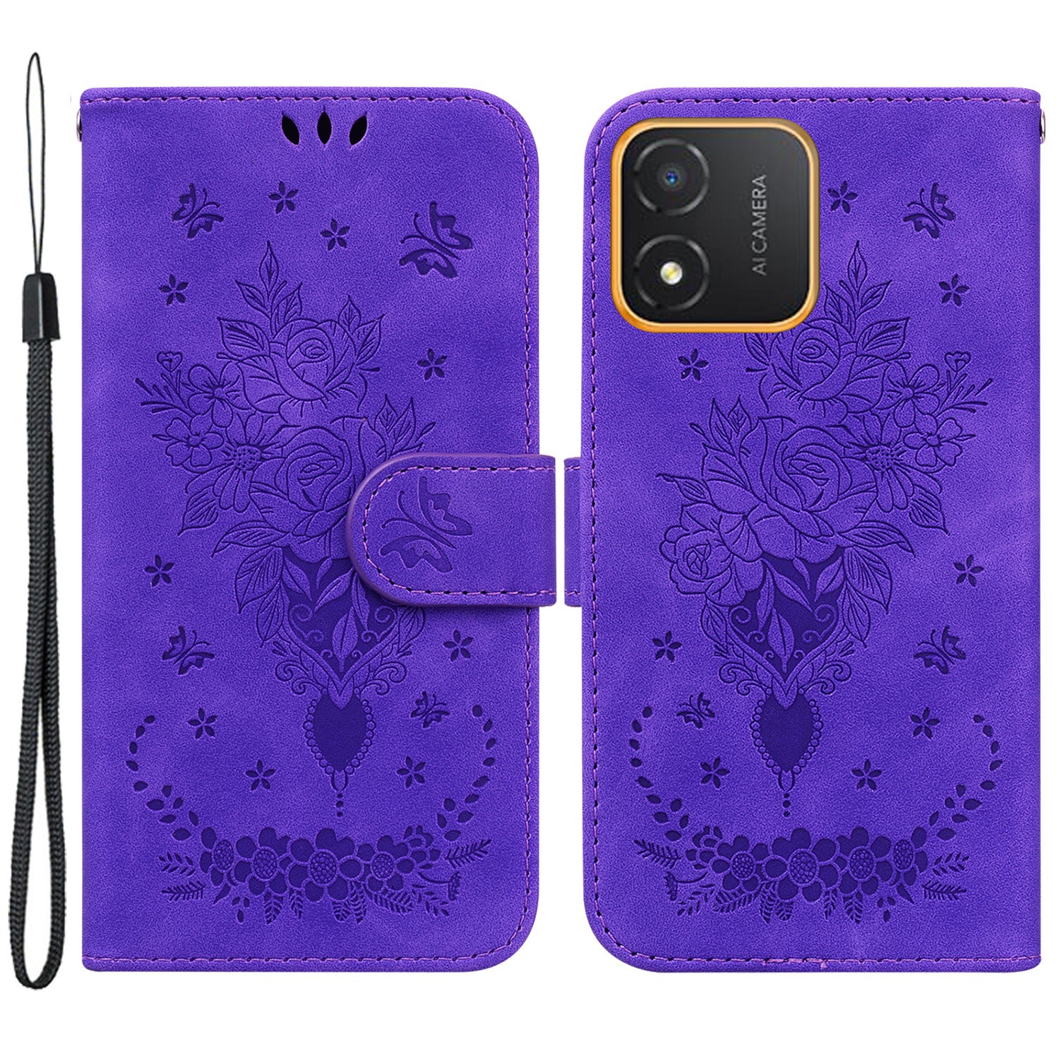 For Honor X5 4G TPU+PU Leather Phone Shell Rose Butterfly Imprinted Stand Wallet Phone Stand Case