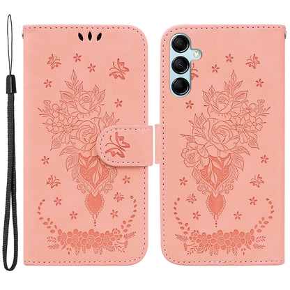 Leather Stand Wallet Phone Case for Samsung Galaxy M14 5G , Imprinted Rose Butterfly Phone Cover