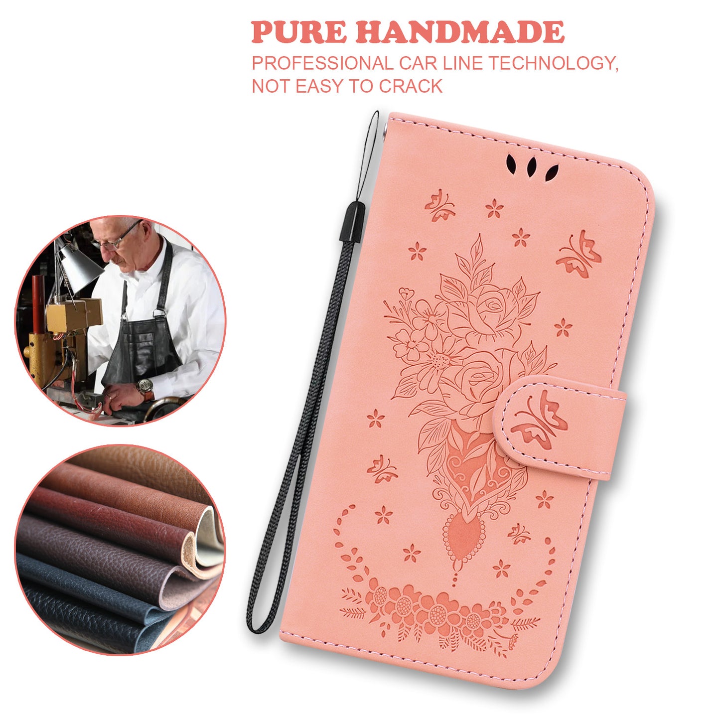 Leather Stand Wallet Phone Case for Samsung Galaxy M14 5G , Imprinted Rose Butterfly Phone Cover