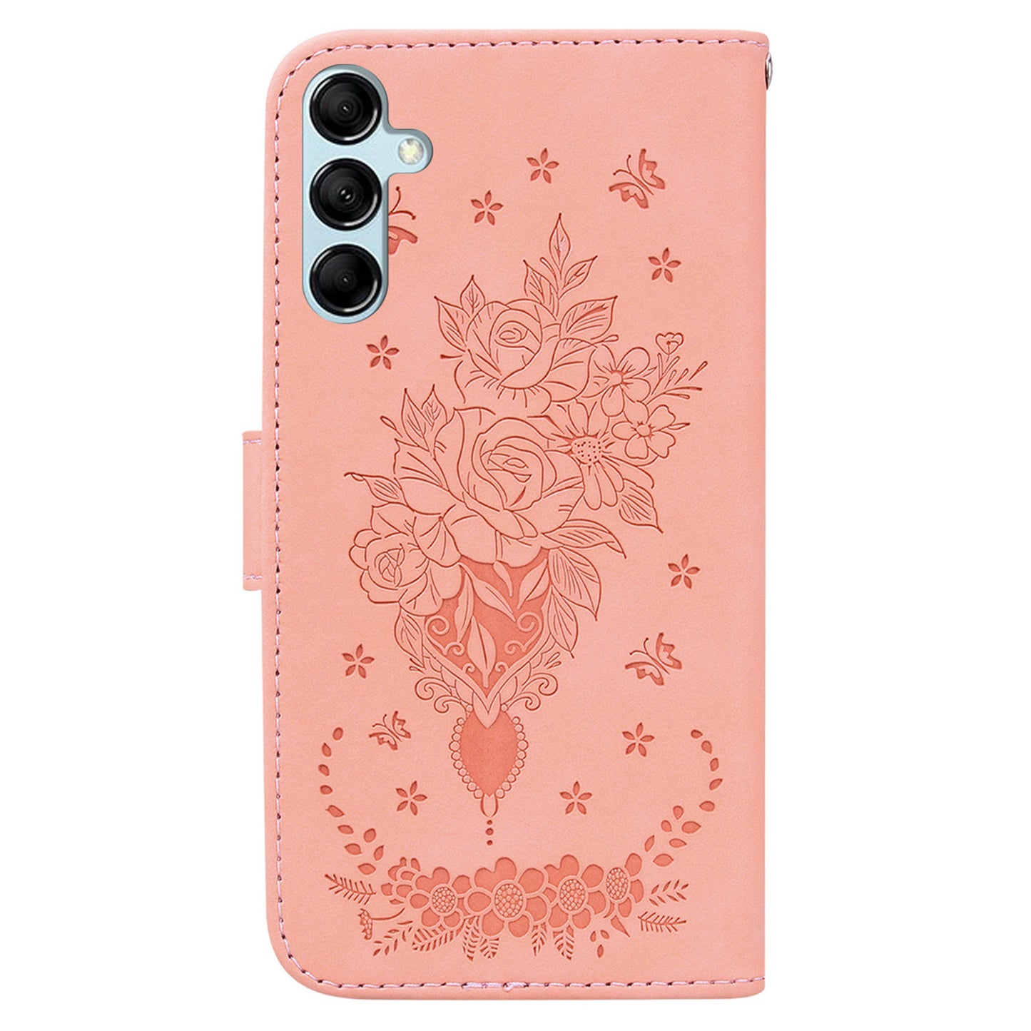Leather Stand Wallet Phone Case for Samsung Galaxy M14 5G , Imprinted Rose Butterfly Phone Cover