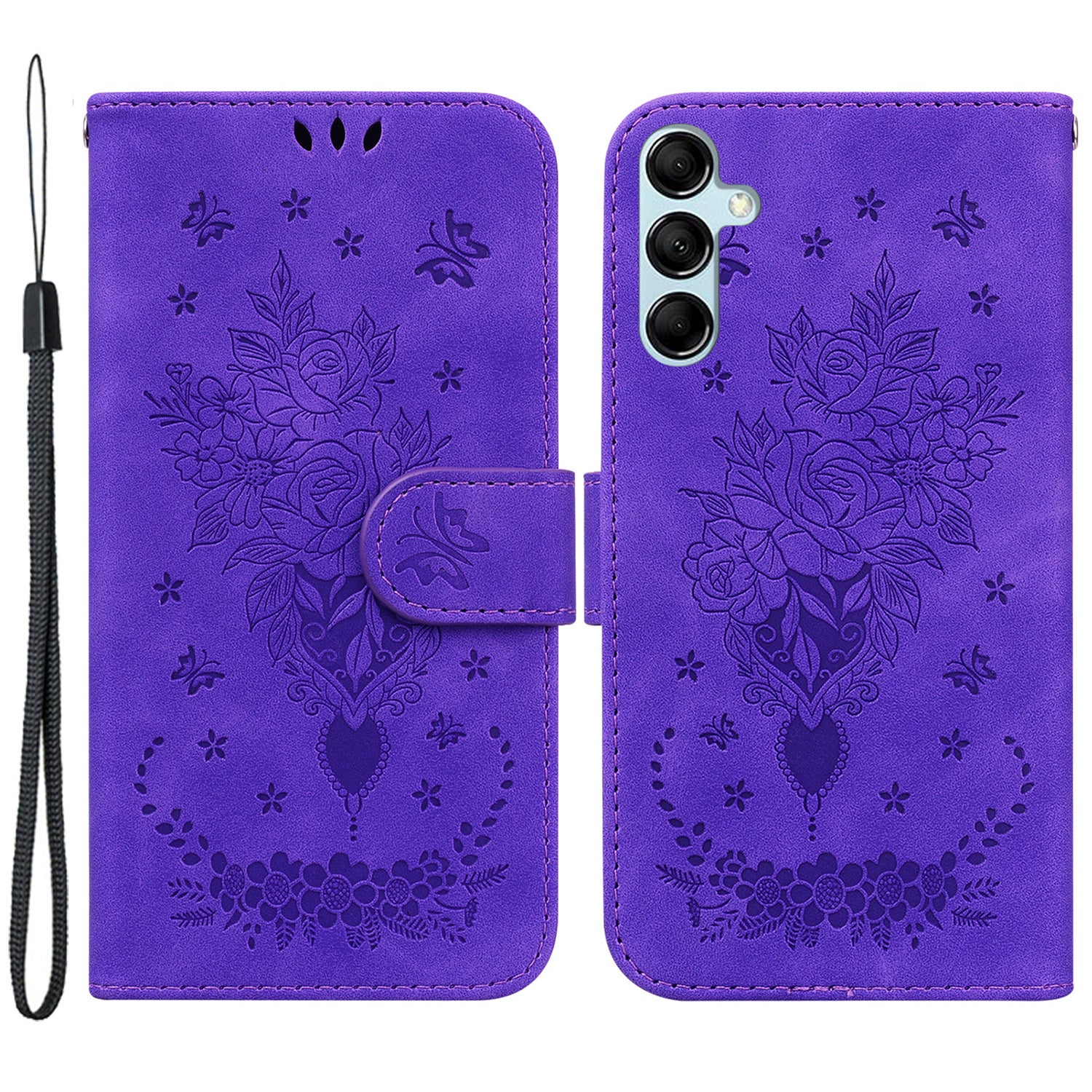 Leather Stand Wallet Phone Case for Samsung Galaxy M14 5G , Imprinted Rose Butterfly Phone Cover