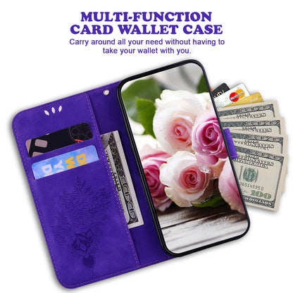 Leather Stand Wallet Phone Case for Samsung Galaxy M14 5G , Imprinted Rose Butterfly Phone Cover
