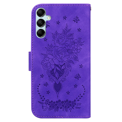 Leather Stand Wallet Phone Case for Samsung Galaxy M14 5G , Imprinted Rose Butterfly Phone Cover