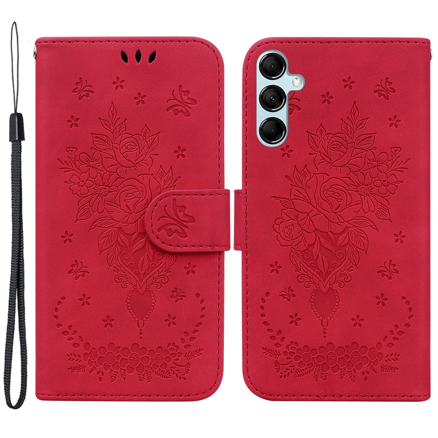 Leather Stand Wallet Phone Case for Samsung Galaxy M14 5G , Imprinted Rose Butterfly Phone Cover